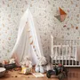 Woodland nursery wallpaper pattern with watercolour fawns, fox cubs, rabbits, teddy bears, birds and ducklings on cream