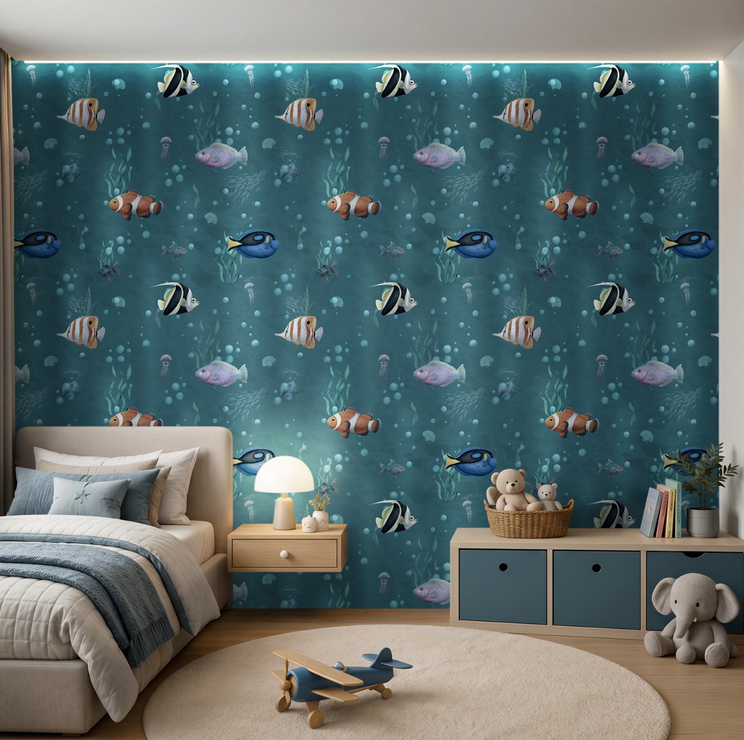 Kids Watercolor Ocean Fish Underwater Wallpaper Mural - Peel and Stick