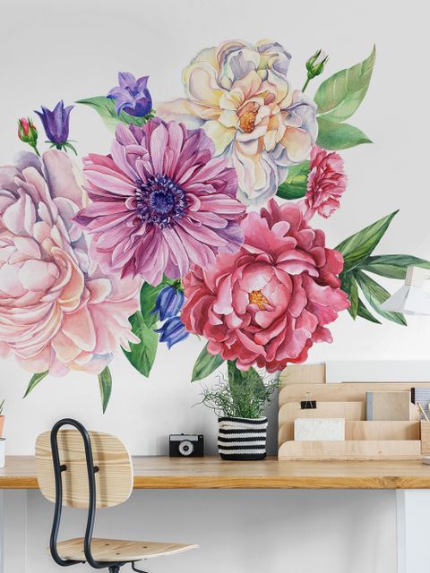 Stickers muraux bouquet floral de pivoine tulipe marguerite rose aquarelle