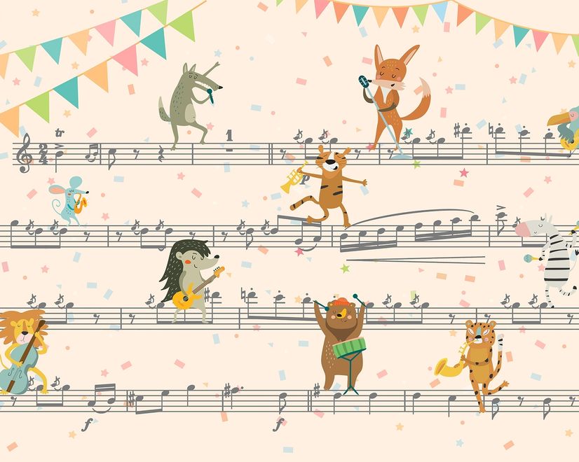 Papier peint animaux cartoon sur notes musique