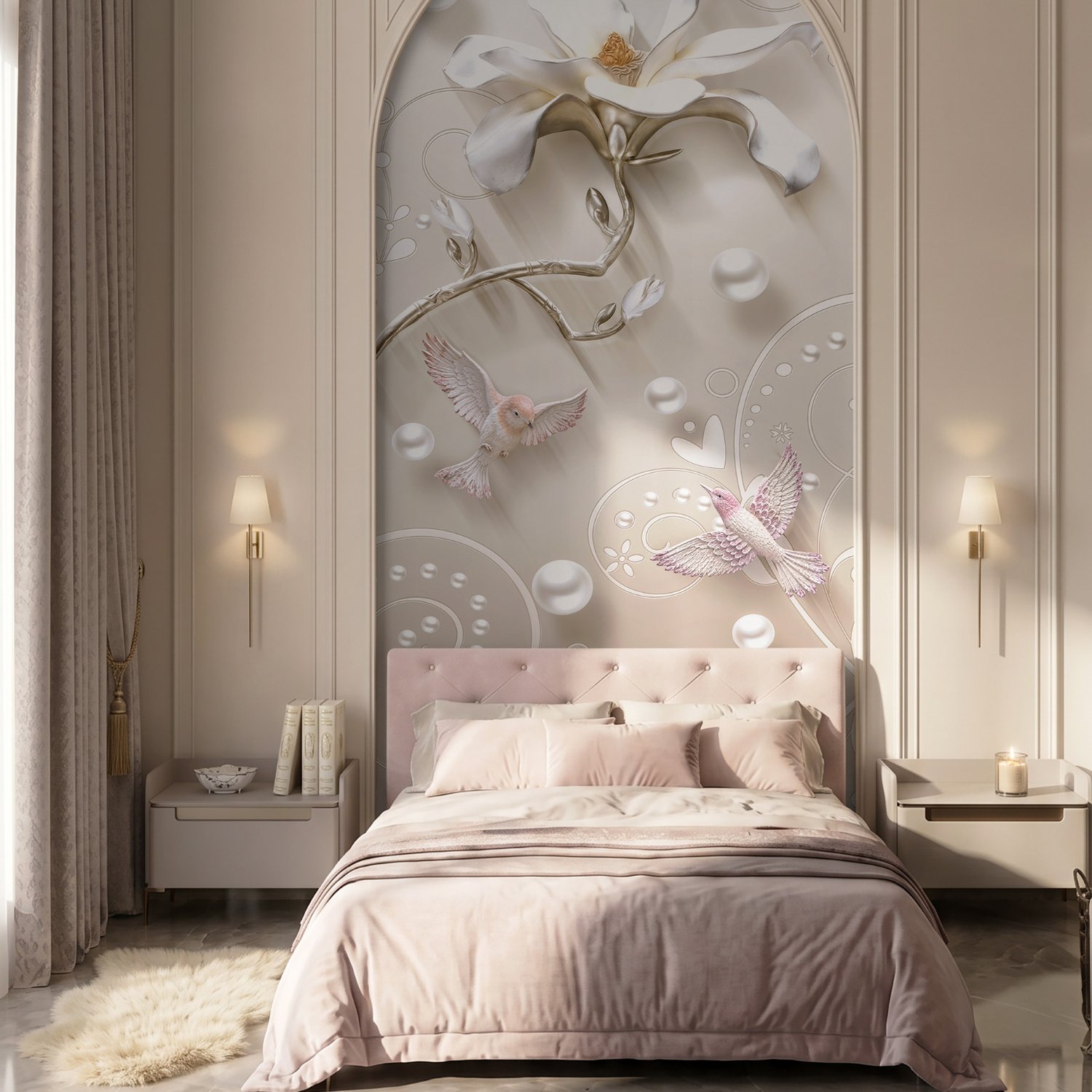 3D Look Florals with Pearls Lux Flowers Wallpaper Mural - Peel and Stick