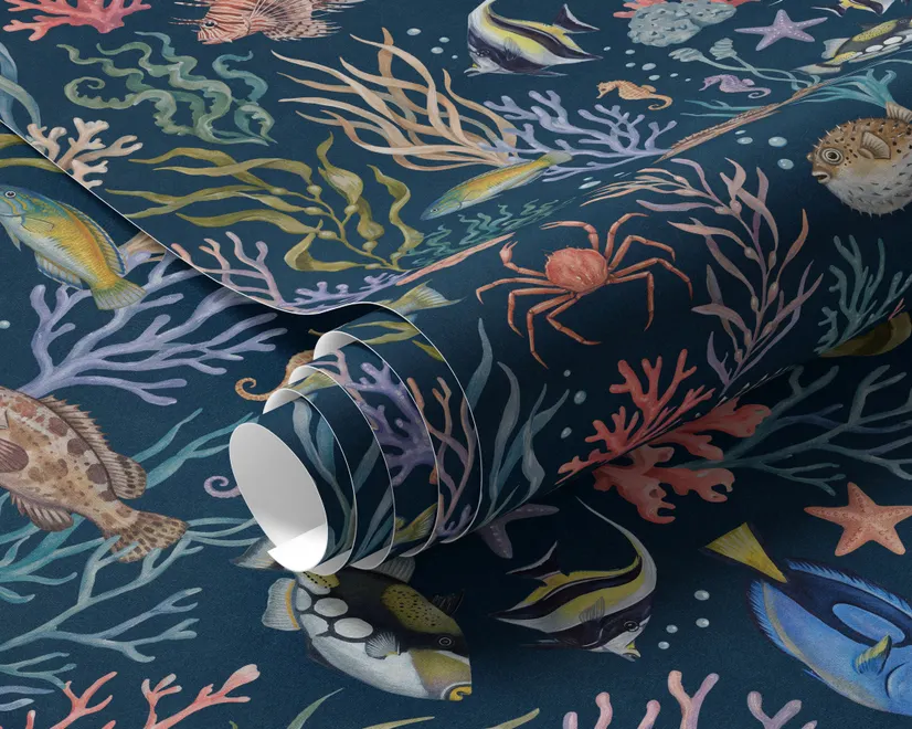 Aquarium fish tank wallpaper repeat with tropical fish, coral, seaweed, shells and bubbles on deep navy blue