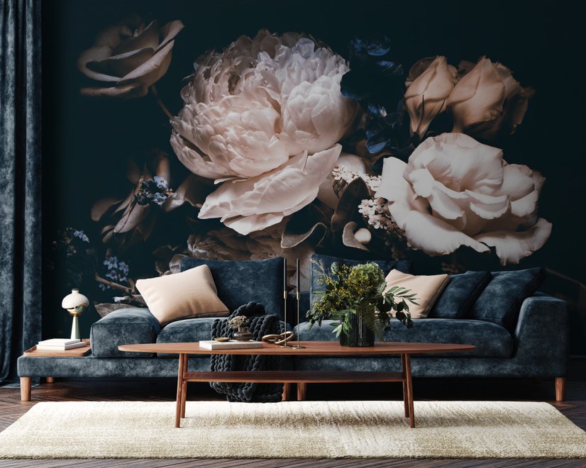 Papier peint panoramique floral foncé avec bouquet de pivoines