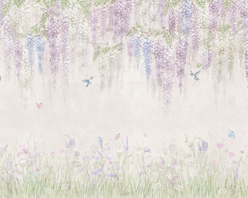 Watercolor Hanging Wisteria Flowers with Hummingbirds Wallpaper Mural 