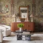 Antique style wallpaper mural with tulip vase medallion, floral tile panels and burgundy borders