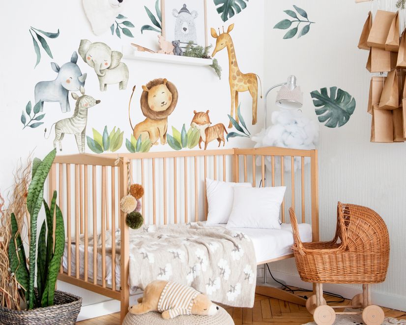 Kids Watercolor Safari Animals with Tropical Leaves Wall Decal Sticker