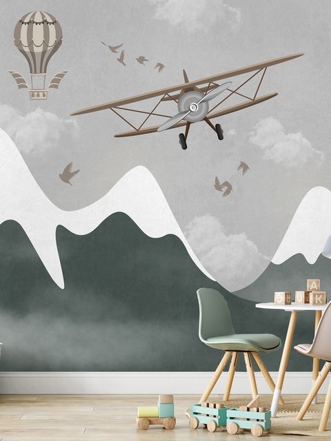 Papier peint panoramique Montagne enneigée avec avion et ballons pour enfants