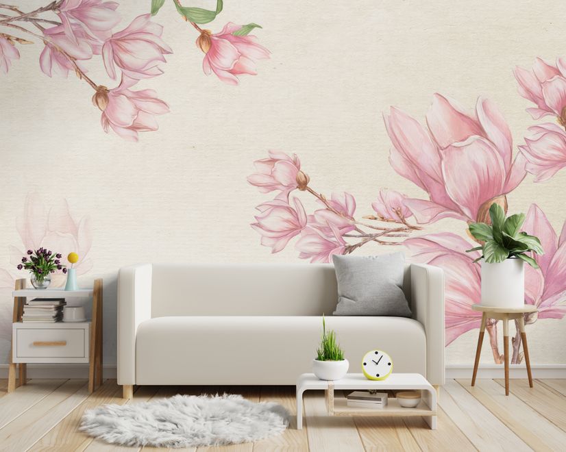 Watercolor Pink Magnolia Blossom Wallpaper Mural