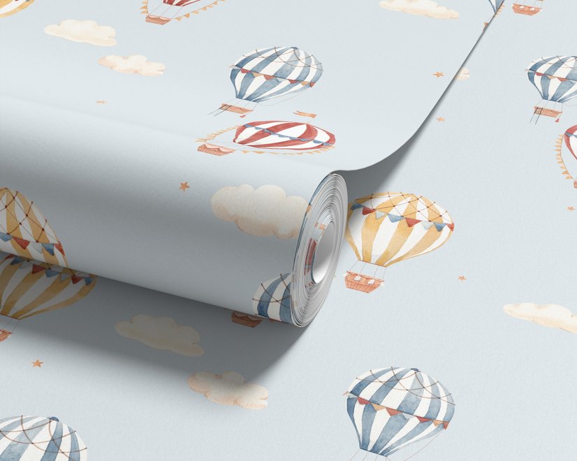 Hot air balloon wallpaper with watercolor balloons, ivory clouds and peach gold stars on pale powder blue