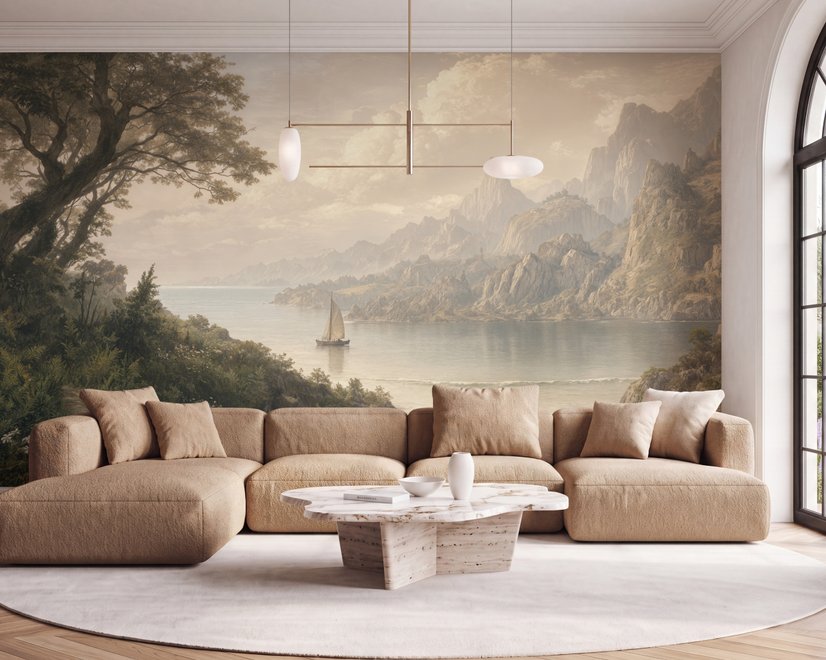 Landscape wallpaper mural with sepia coastal mountains, sailboat, beach figure and foreground tree