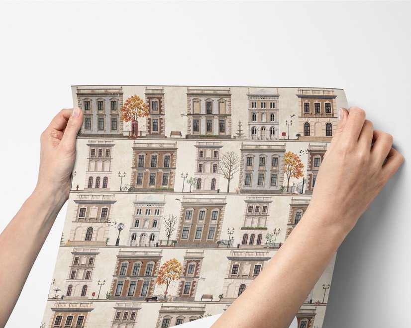Vintage city wallpaper with illustrated European townhouses, lamps, bicycles, benches and orange-gold trees