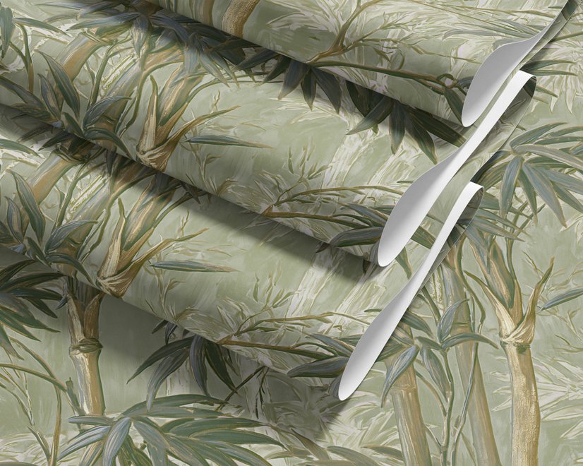 Light green and blue wallpaper with painted sage bamboo canes, olive leaves and pale celadon foliage ground
