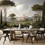 Vintage oil painting wallpaper of cypress trees, villas and a domed cathedral in an Italian landscape