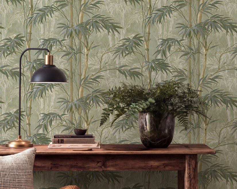 Light green and blue wallpaper with painted sage bamboo canes, olive leaves and pale celadon foliage ground