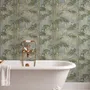 Bamboo oil painting wallpaper with olive leaves and ochre canes on a soft blue-grey ground