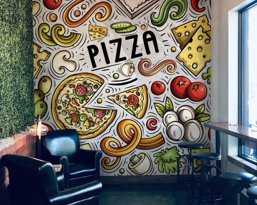 Cartoon Bunte Fast Foods und Pizza Fototapete