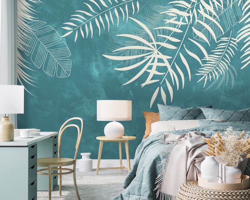 White Tropical Leaves Wallpaper Mural