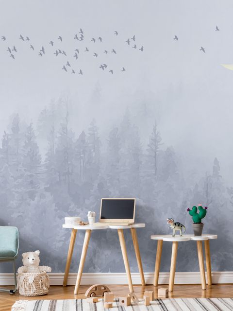 Monochrome Night Forest and Birds Wallpaper Mural
