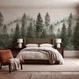 Misty mountain wallpaper mural with tall pine trees, layered green forest and pale foggy ridges