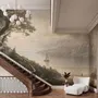 Landscape wallpaper mural with sepia coastal mountains, sailboat, beach figure and foreground tree