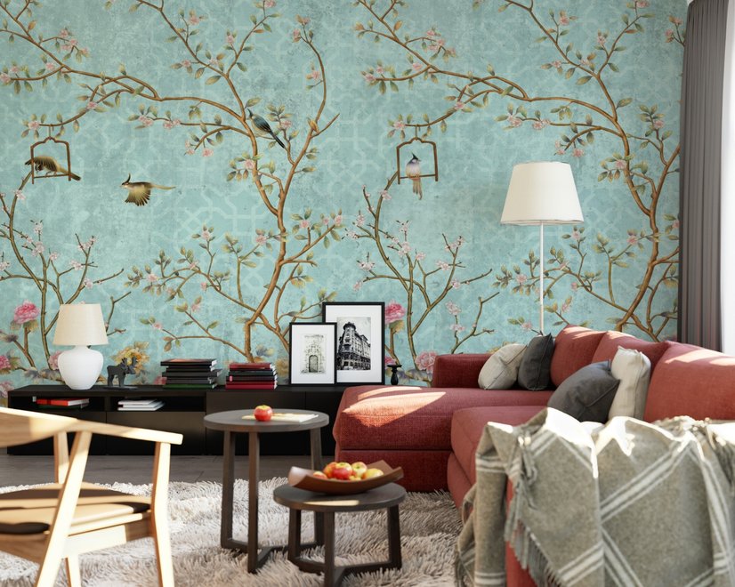 Papier peint panoramique vintage avec fleurs et oiseaux
