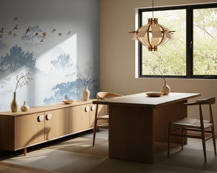 Misty Forest with Birds Wallpaper Mural
