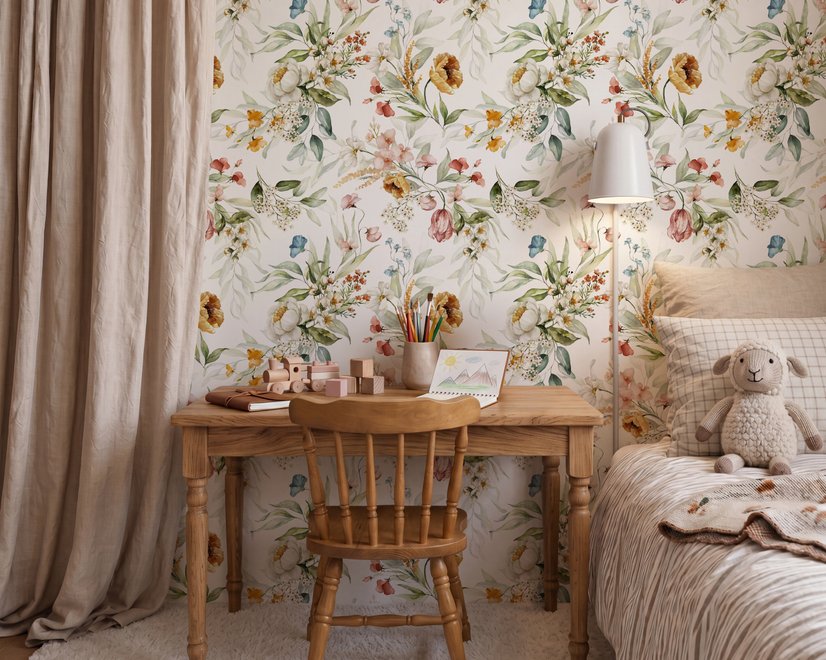 Watercolour floral wallpaper with sage leaves, blush and ochre flowers on a white ground