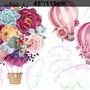 Colorful Floral Bouqet Hot Air Balloon and Pink Clouds Wall Decal Sticker