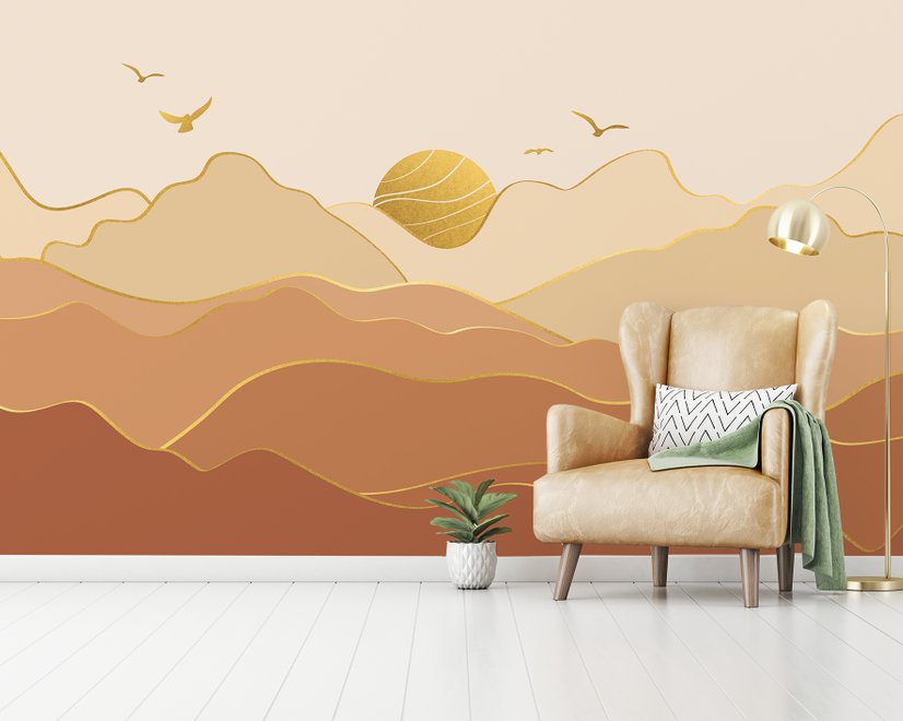 Papier Peint Panoramique Paysage Doré au Lever et Coucher de Soleil