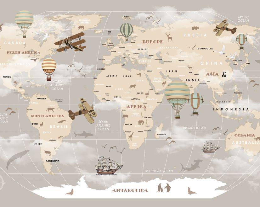 Beige Kids World Map with Hot Air Balloon Wallpaper Mural
