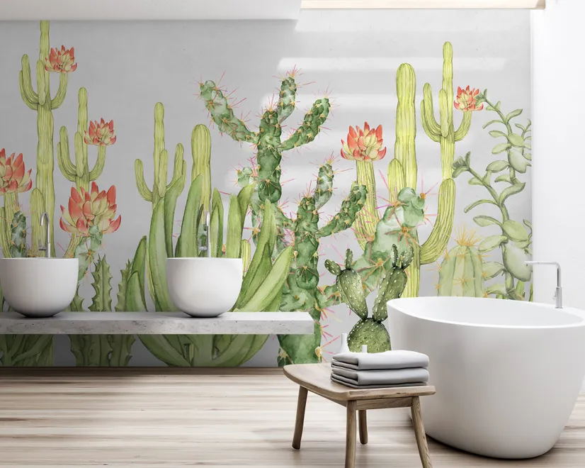 Watercolor Desert Floral and Cactus Wallpaper Mural
