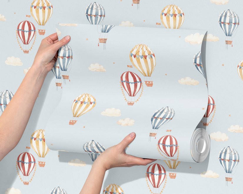 Hot air balloon wallpaper with watercolor balloons, ivory clouds and peach gold stars on pale powder blue