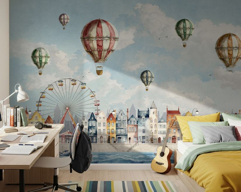 Kids Harbor Village and Hot Air Balloons Wallpaper Mural