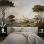 Vintage oil painting wallpaper of cypress trees, villas and a domed cathedral in an Italian landscape