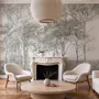 Coastal woodland wallpaper mural with grey trees, sandy path, sea horizon and small white sailboats
