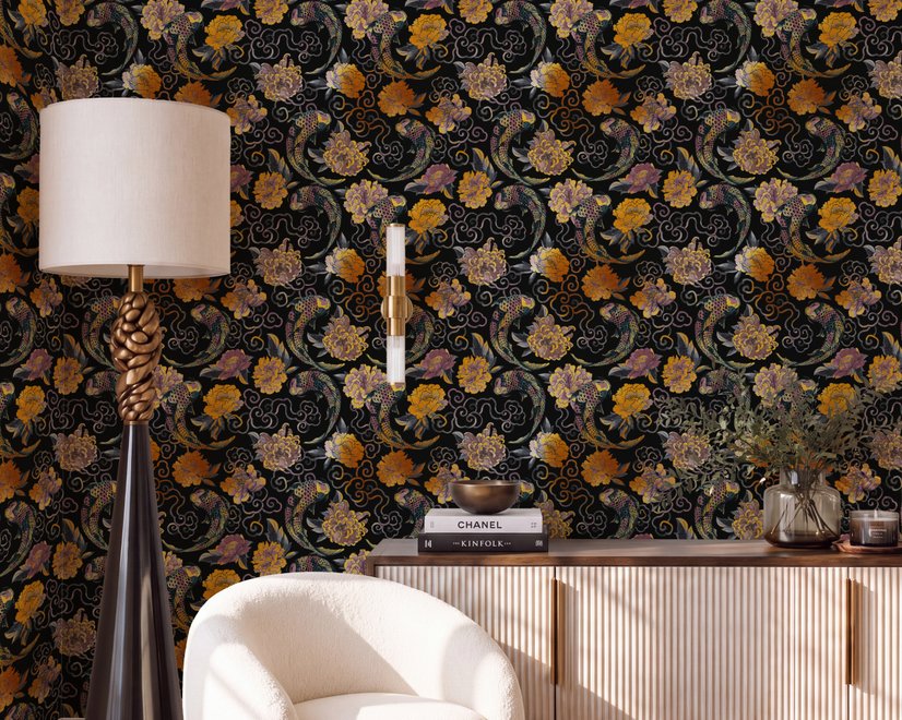 Japanese art wallpaper pattern with koi fish, gold peonies, mauve flowers and grey clouds on black