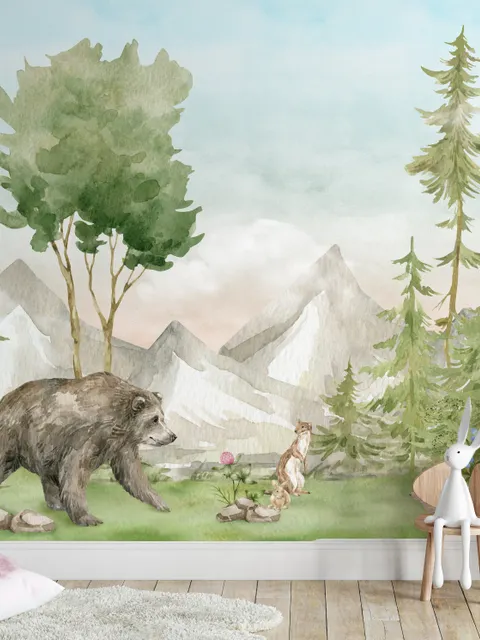 Kids Watercolor Coniferous Forest with Animals Wallpaper Mural