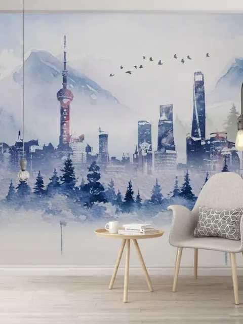 Watercolor Skyscraper Landscape Wallpaper Mural