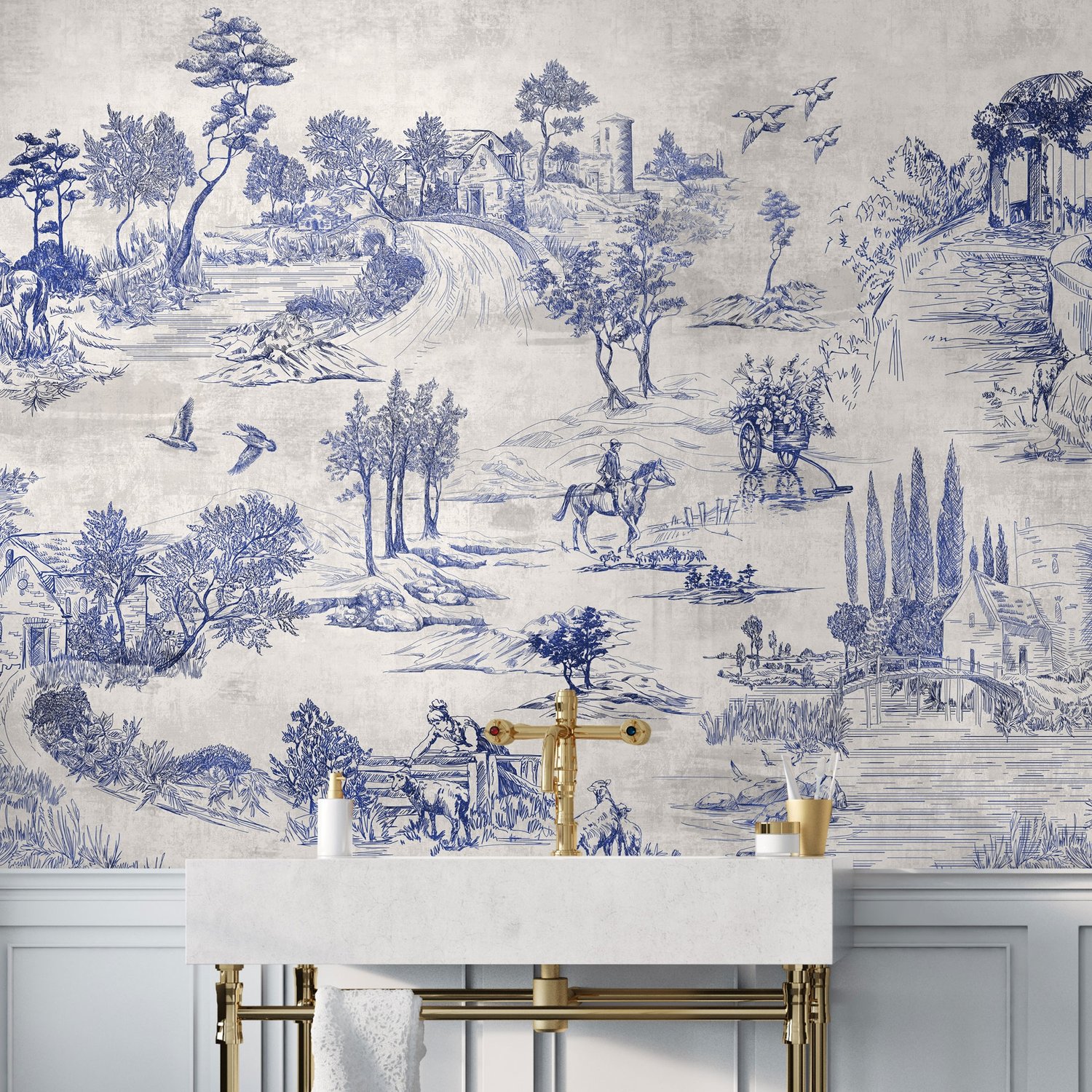 Vintage Monochrome Jouy Style Landscape Wallpaper Mural - Peel and Stick