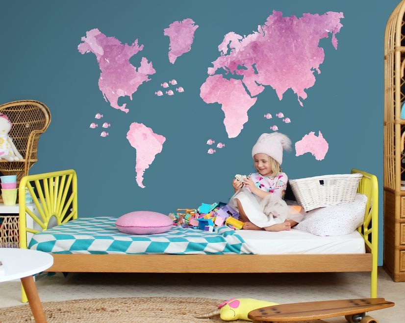 Kids Pink World Maps with Little Fishes Wall Decal Sticker
