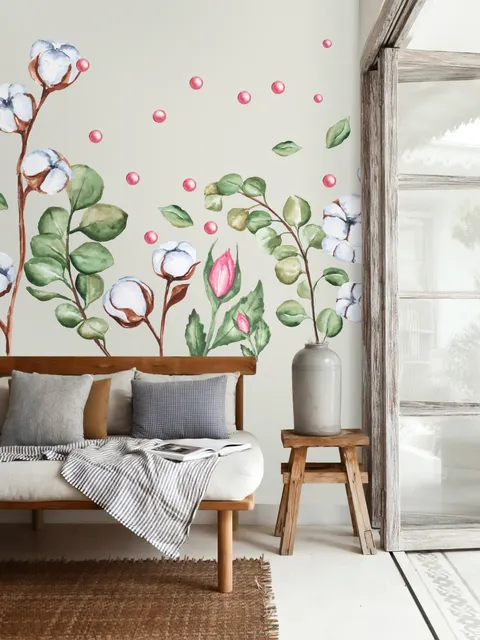 Stickers muraux en coton blanc avec feuilles vertes et boutons de rose roses