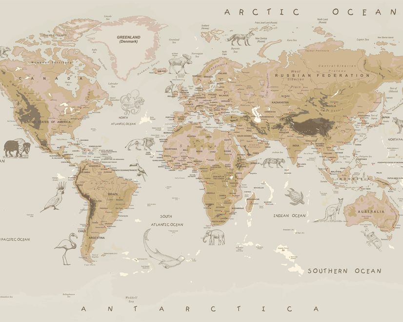 Kids Brown Political World Map with Animals Wallpaper Mural