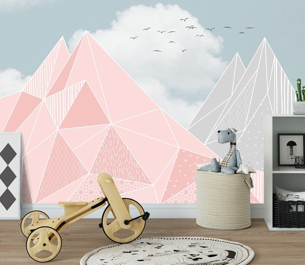 Pink Gray Polygonal Mountain Wallpaper Mural - Peel and Stick