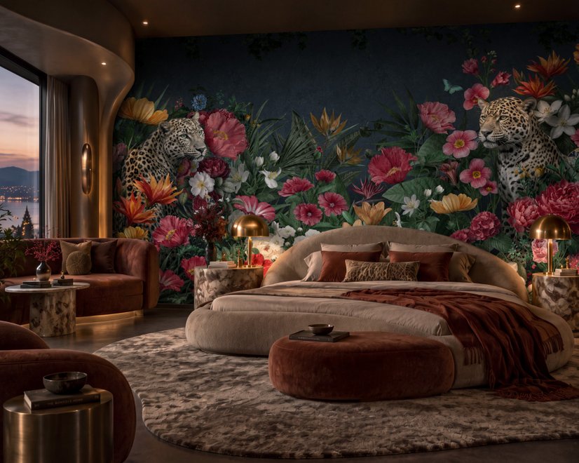Elegant Tropical Botanical Floral and Leopard Wallpaper 