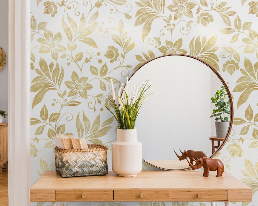 Papier peint panoramique floral à motif damassé