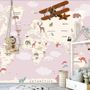 For Kids Pink World Map with Vintage Aircraft and Hot Air Balloon Wallpaper Mural