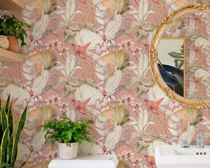 Pink tropical wallpaper with ivory fan palms, orchids, coral blossoms and sage foliage on dusty rose