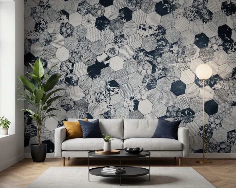 Papier peint panoramique à motif hexagonal foncé