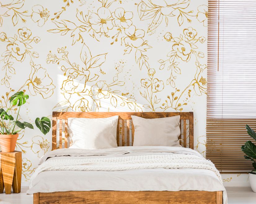 Gold Look Peony Floral Drawing Bright Flower Art Wallpaper Mural