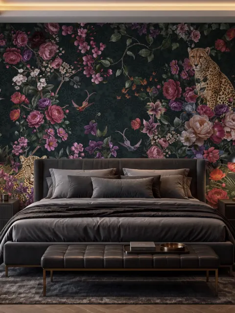 Dark Leopard Floral Garden Botanical Wallpaper Mural